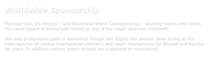 Worldwide Sponsorship

Formula One, Ice Hockey – and Basketball World Championships - sporting events with which the name Zepter is inextricably linked as one of the major sponsors worldwide.

Not only professional sport is sponsored though and Zepter has already been acting as the main sponsor of various international children’s and youth tournaments for football and hockey for years. In addition various sports schools are supported or maintained.


